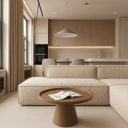 Seiko Mikrocement - Beżowa posadzka mikrocement w minimalistycznym salonie z narożnikiem, drewnianym stolikiem i otwartą kuchnią. Neutralna kolorystyka, nowoczesne oświetlenie.