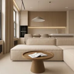Beżowa posadzka mikrocement w minimalistycznym salonie z narożnikiem, drewnianym stolikiem i otwartą kuchnią. Neutralna kolorystyka, nowoczesne oświetlenie.
