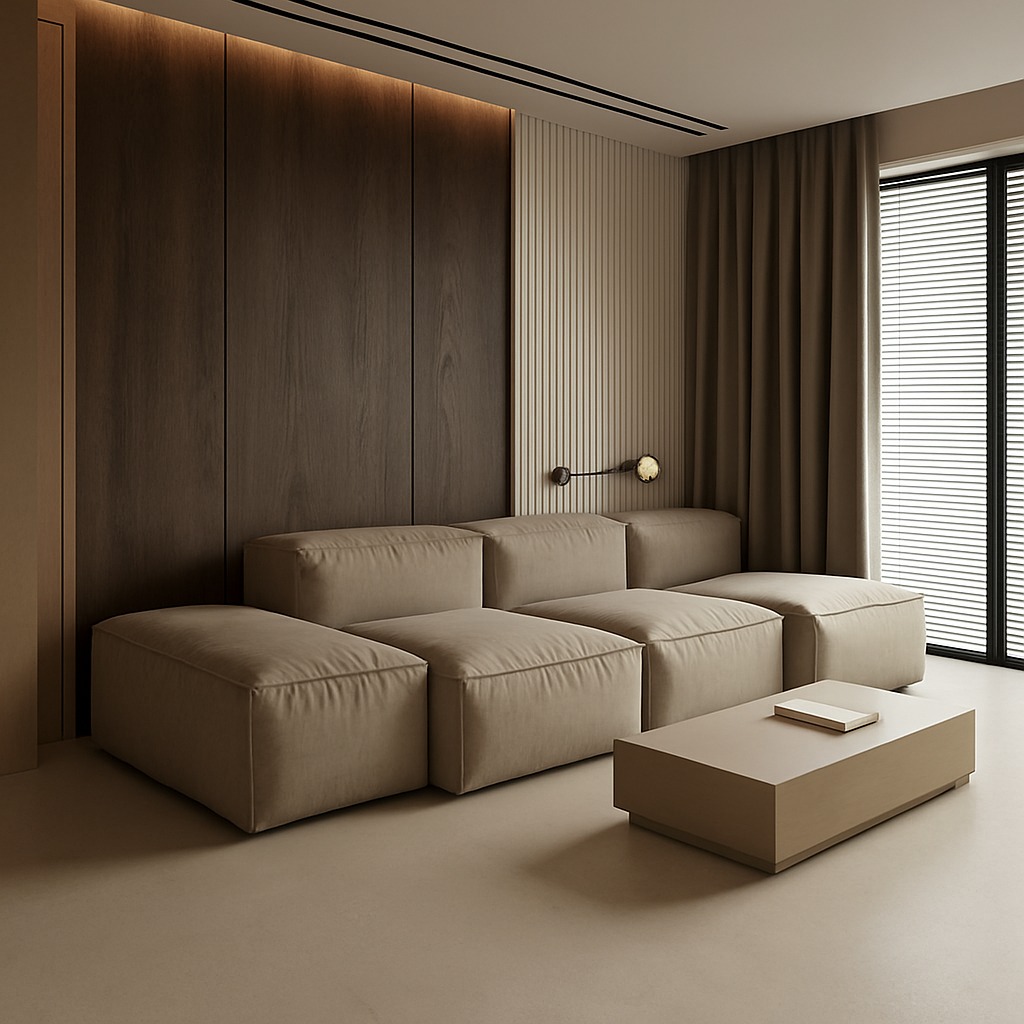 Beżowa, modułowa sofa na gładkiej, jednolitej posadzce w minimalistycznym salonie. Drewniana ściana z podświetleniem LED i pionowe panele dekoracyjne.