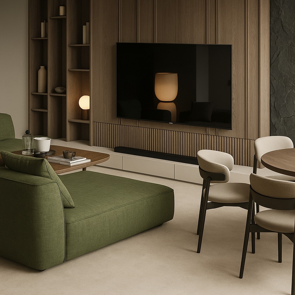 Nowoczesny salon z zieloną sofą i drewnianą ścianą TV, minimalistyczny design, ciepłe oświetlenie, eleganckie krzesła i stolik kawowy.