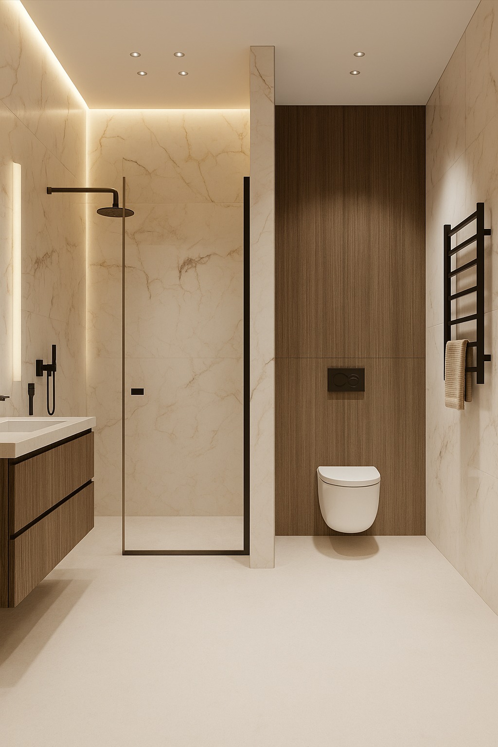 Nowoczesna łazienka z kabiną prysznicową typu walk-in, umywalką z drewnianą szafką i toaletą podwieszaną na tle drewnianej ściany. Minimalistyczny design.