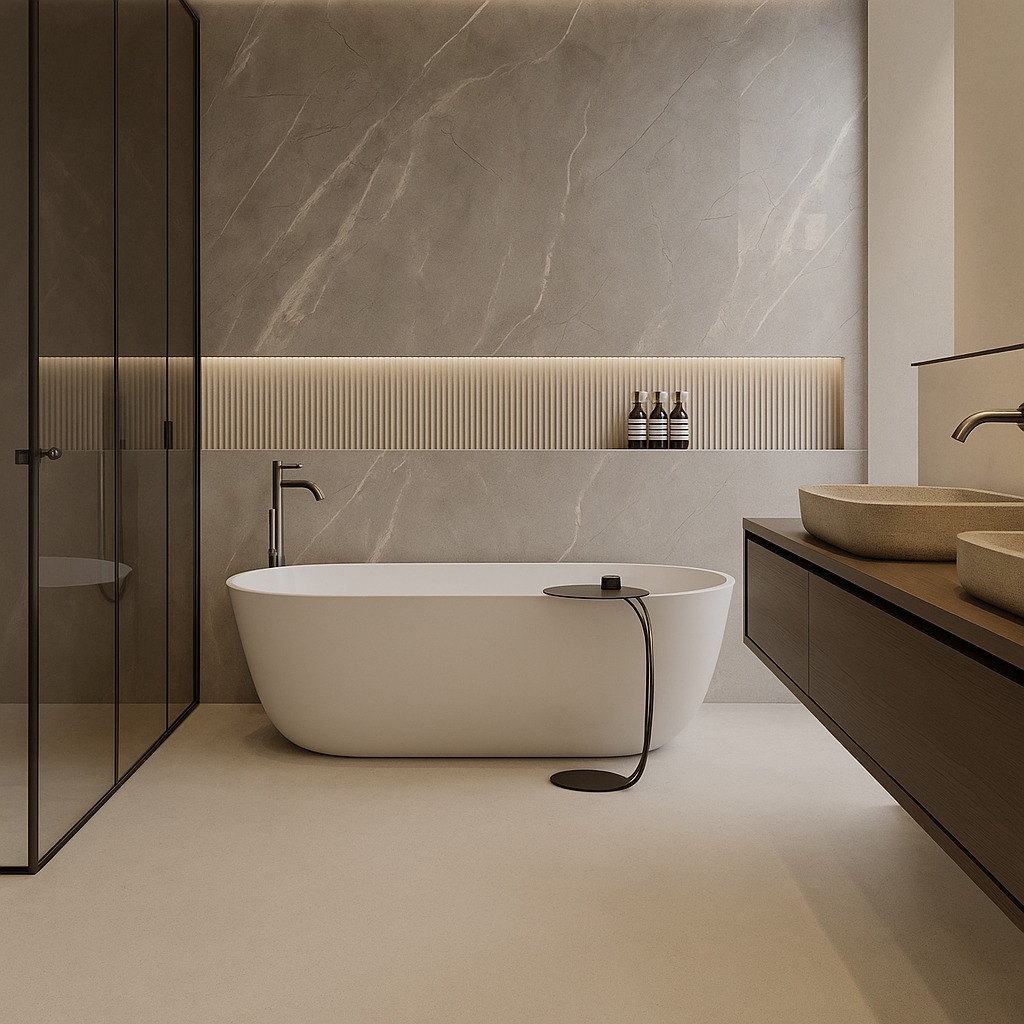 Elegancka łazienka w odcieniach szarości z wolnostojącą wanną, kamiennymi umywalkami i subtelnym oświetleniem LED wzdłuż marmurowej ściany.