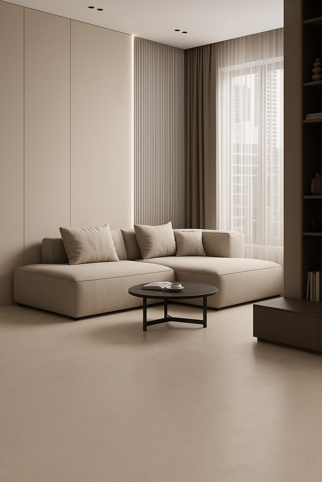 Beżowa posadzka w minimalistycznym salonie z sofą modułową, stolikiem kawowym i subtelnymi zasłonami. Gładka powierzchnia podłogi podkreśla nowoczesny design.