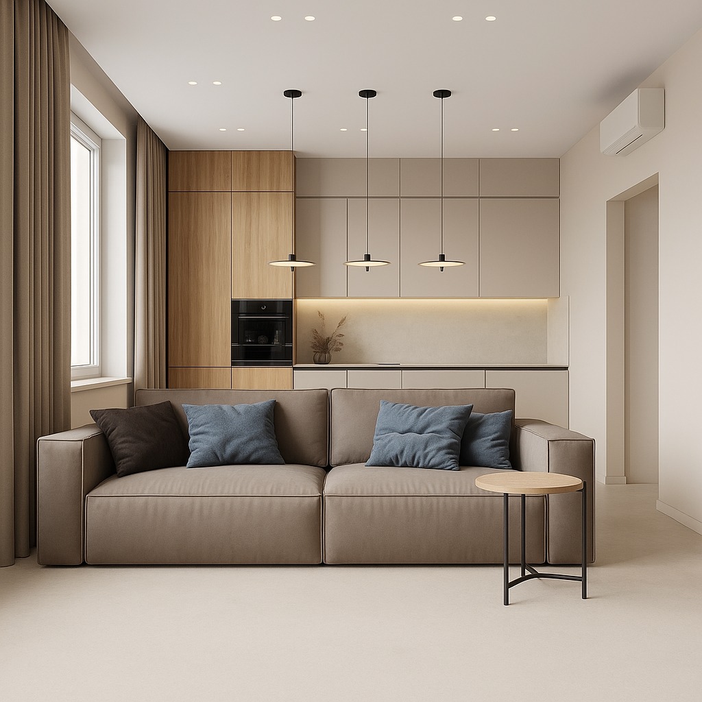 Nowoczesne wnętrze: beżowa podłoga, sofa z niebieskimi poduszkami, drewniana zabudowa kuchenna i minimalistyczne lampy wiszące. Stonowana kolorystyka.