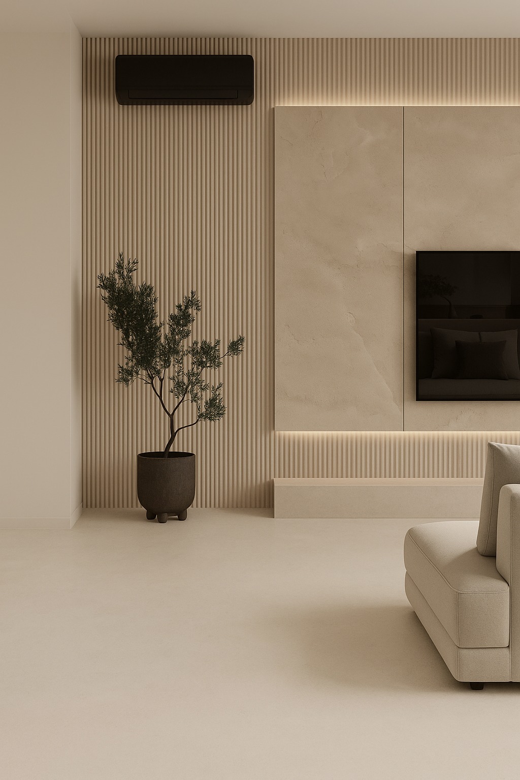 Beżowe wnętrze: gładka posadzka, ściana z lameli i dekoracyjna płyta z podświetleniem LED. Minimalistyczny salon z rośliną w donicy i fragmentem sofy.
