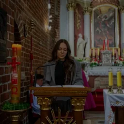 Kobieta czyta podczas ceremonii w kościele. W tle ołtarz, świece i duchowny. Świątynia z ceglanymi ścianami i dekoracyjnymi elementami.