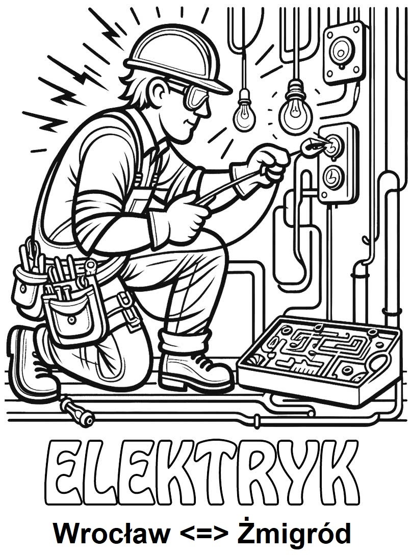 Ilustracja: elektryk w kasku i okularach ochronnych, podczas pracy przy instalacji elektrycznej, z narzędziami i napisem 'Elektryk Wrocław <=> Żmigród'.