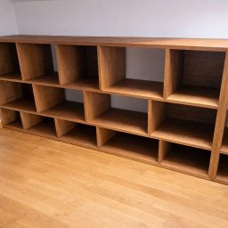 Lignum Art MP corp sp. z o.o. - Drewniana zabudowa regałowa z licznymi przegródkami, dopasowana do skosu poddasza, z widoczną strukturą drewna i jasną podłogą. Funkcjonalne rozwiązanie do przechowywania.