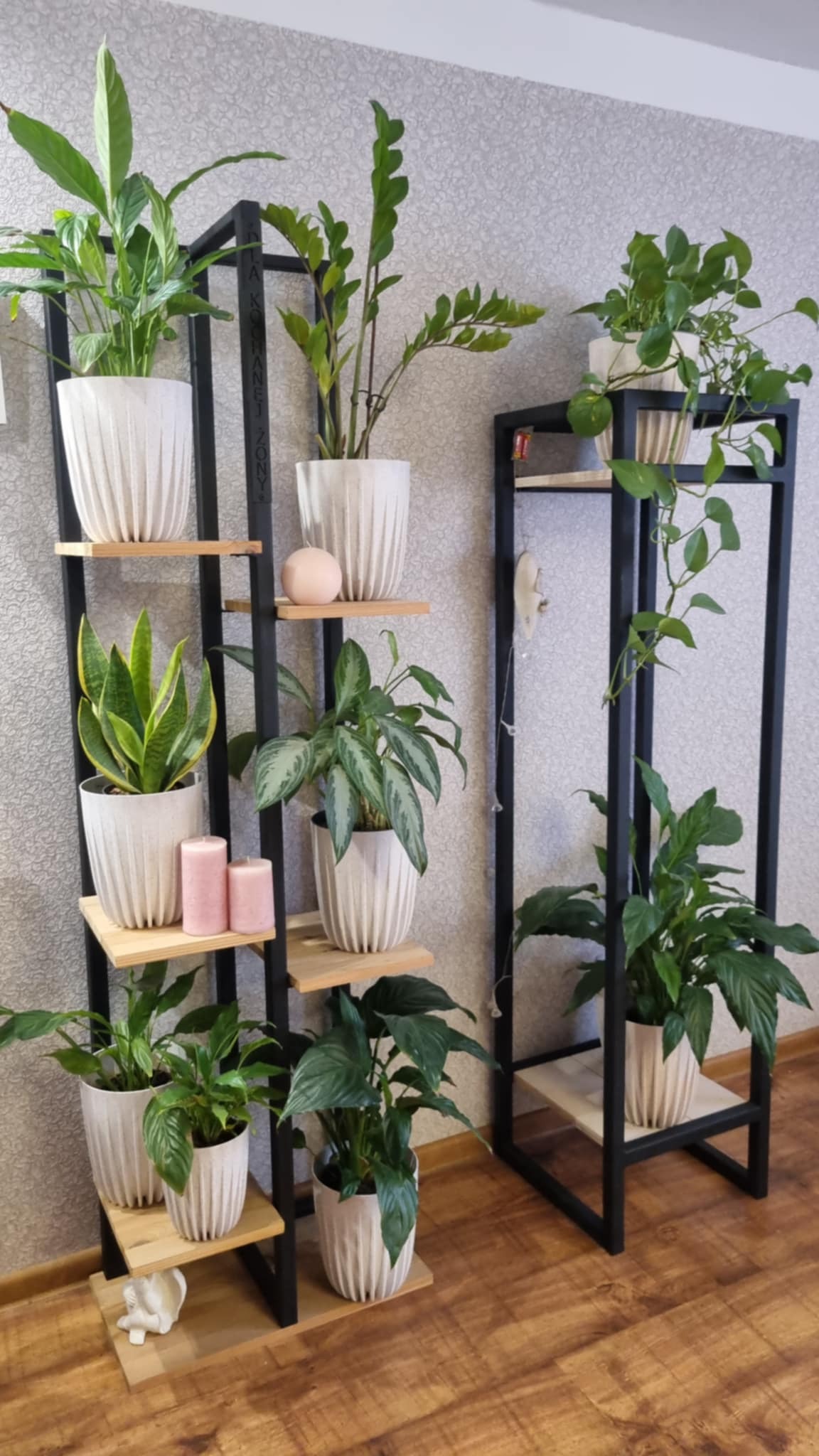 Dwie metalowe półki na kwiaty w salonie. Na półkach rośliny doniczkowe w białych osłonkach, świeczki i dekoracje. W tle ściana w jasnym kolorze i drewniana podłoga.