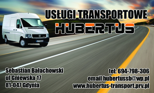Grafika reklamowa firmy transportowej Hubertus z Gdyni, prezentująca biały samochód dostawczy na tle drogi. Zawiera dane kontaktowe: numer telefonu, adres e-mail i adres strony internetowej.