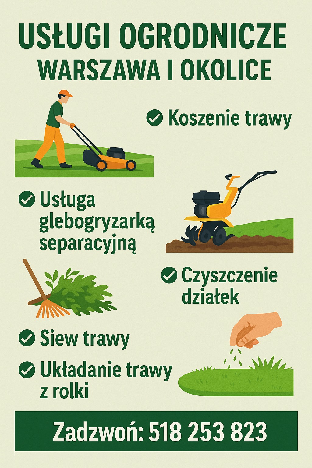 Usługi ogrodnicze w Warszawie i okolicach: koszenie trawy, glebogryzarka, czyszczenie działek, siew i układanie trawy z rolki. Kontakt telefoniczny.