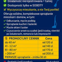 Grafika: Sprzątanie mieszkań Zamość, Hrubieszów i okolice. Promocje na sprzątanie, cennik uzależniony od metrażu. Dostępność w soboty. Oferta kompleksowa.