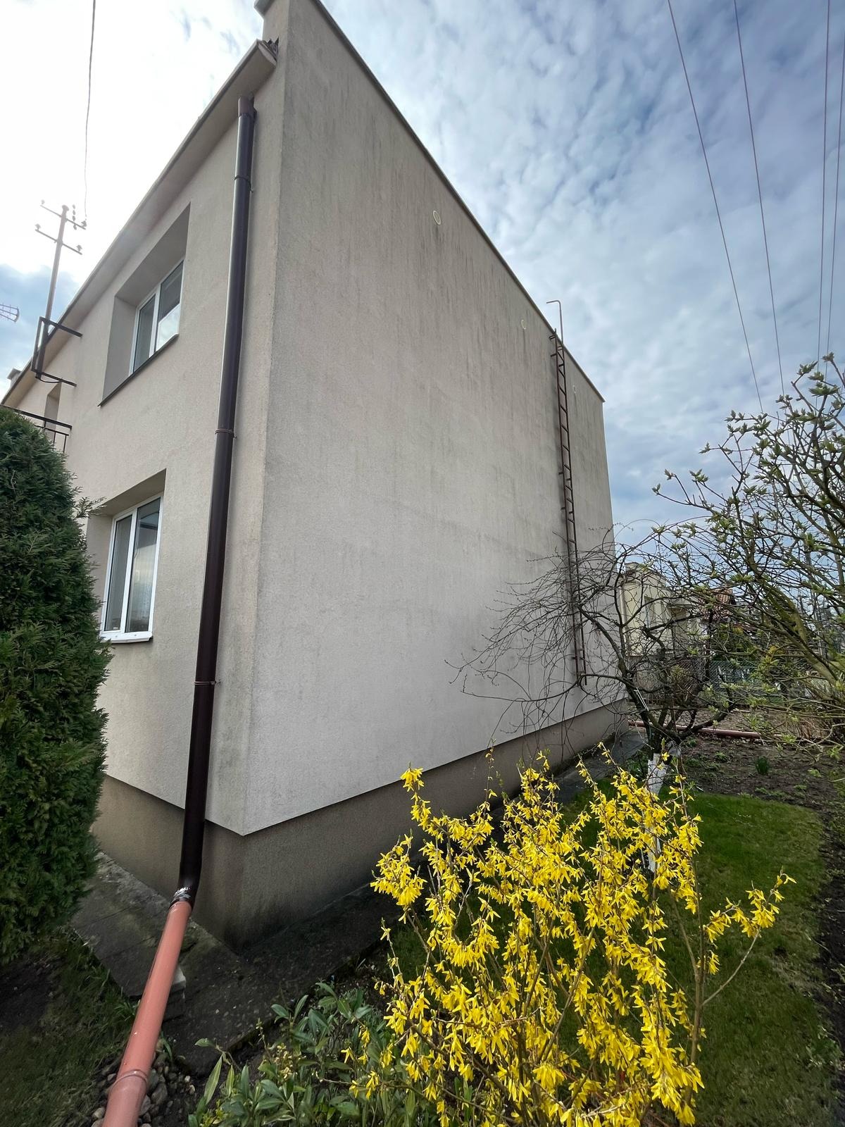 Dwupiętrowy dom z beżową elewacją, brązową rynną i drabiną na ścianie. W tle błękitne niebo z chmurami i zieleń drzew. Na pierwszym planie kwitnący krzew.