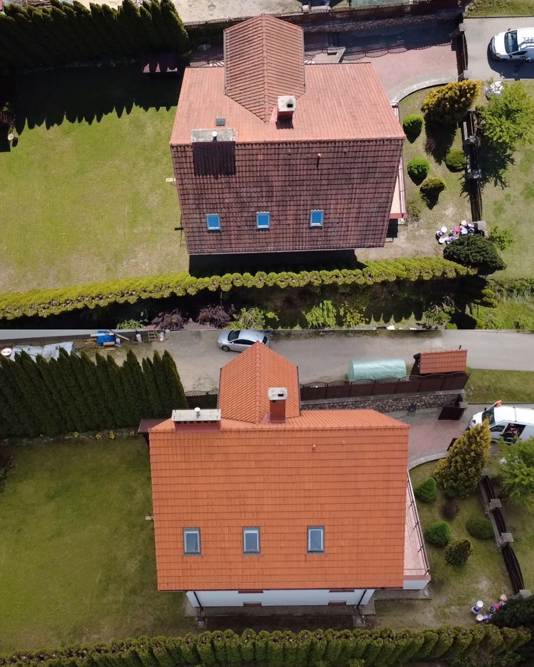 Dwa ujęcia dachu z dachówki ceramicznej, z góry, w zestawieniu przed i po czyszczeniu. Widoczne otoczenie budynku: trawnik, drzewa, ogrodzenie. Kolor dachówki: ceglastoczerwony.