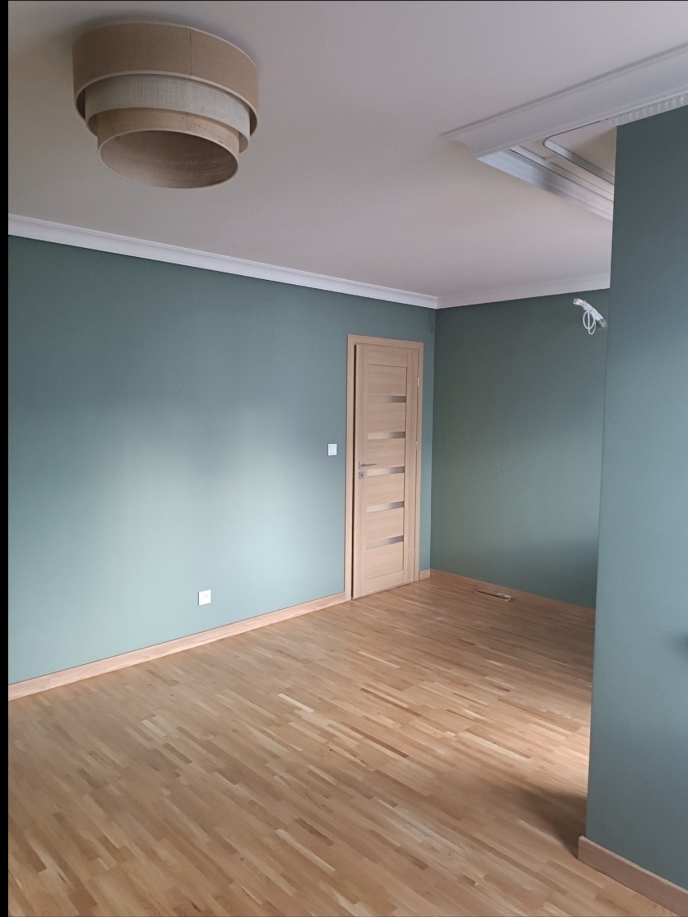 Pomieszczenie po malowaniu ścian na zielono i ułożeniu parkietu. Widoczne drzwi z jasnego drewna, listwy przypodłogowe i lampa sufitowa.