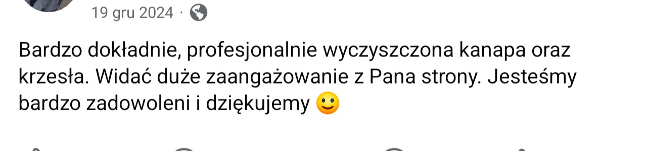 Tekstowa opinia klienta z datą 19 gru 2024, chwaląca dokładne i profesjonalne wyczyszczenie kanapy i krzesła, wyrażająca zadowolenie i podziękowanie.