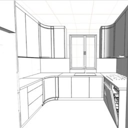 almost heaven Piotr Antoni Witkowski - Szkic 3D kuchni z zabudową meblową, fronty szafek częściowo zaokrąglone, widoczne okno i sprzęt AGD. Projekt kuchni z perspektywy.