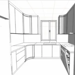 Szkic 3D kuchni z zabudową meblową, fronty szafek częściowo zaokrąglone, widoczne okno i sprzęt AGD. Projekt kuchni z perspektywy.