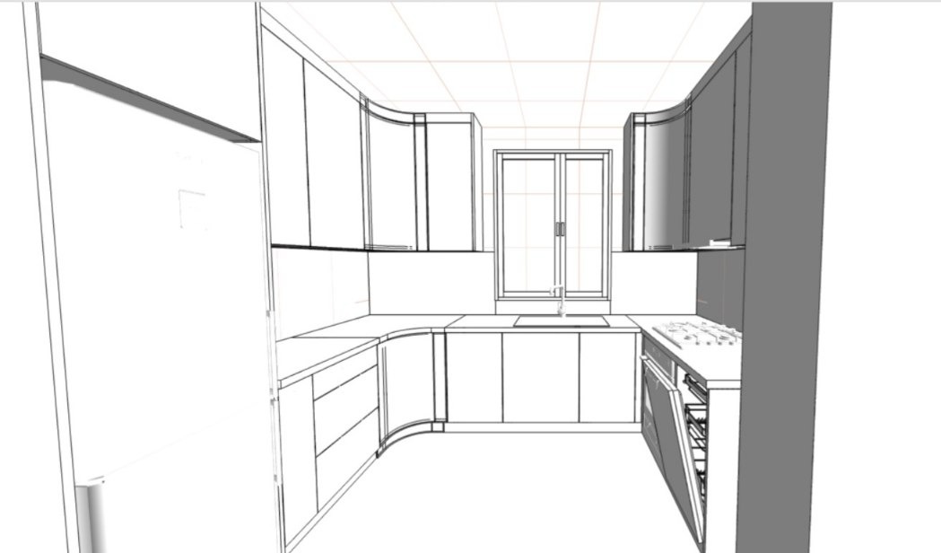 Szkic 3D kuchni z zabudową meblową, fronty szafek częściowo zaokrąglone, widoczne okno i sprzęt AGD. Projekt kuchni z perspektywy.