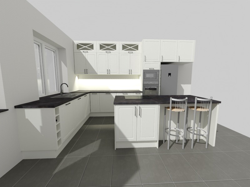 Wizualizacja białej kuchni z wyspą i hokerami, czarny blat, okno po lewej, minimalistyczny styl, zabudowa pod sufit, oświetlenie podszafkowe.