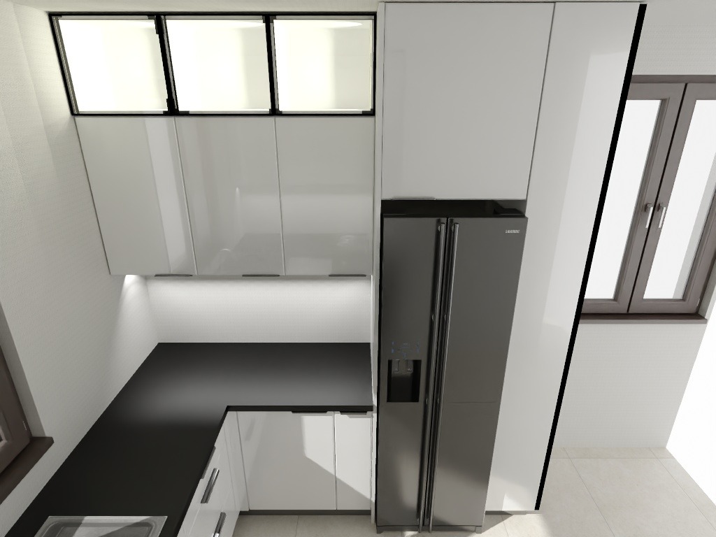 Nowoczesna, biała kuchnia z czarnym blatem i srebrną lodówką. Górne szafki z podświetleniem LED. Ujęcie z góry, widoczny fragment okna.