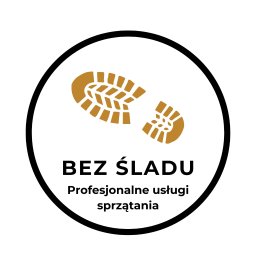 Bez Śladu - Grafika: ślad buta w okręgu z napisem 'BEZ ŚLADU Profesjonalne usługi sprzątania'. Minimalistyczny design, czarno-złota kolorystyka, nowoczesny styl.