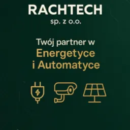 Grafika firmy RACHTECH sp. z o.o. z hasłem 'Twój partner w Energetyce i Automatyce' oraz ikonami: wtyczki, kamery CCTV i panelu słonecznego na zielonym tle.