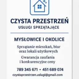 Grafika firmy sprzątającej 'Czysta Przestrzeń' z Mysłowic, oferującej sprzątanie mieszkań, biur i lokali użytkowych. Logo z domem i gwiazdkami, kontakt telefoniczny i e-mail.
