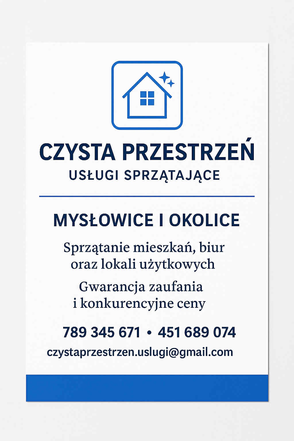 Grafika firmy sprzątającej 'Czysta Przestrzeń' z Mysłowic, oferującej sprzątanie mieszkań, biur i lokali użytkowych. Logo z domem i gwiazdkami, kontakt telefoniczny i e-mail.