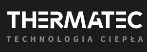 Logo firmy THERMATEC z białym napisem na czarnym tle, pod którym widnieje szary napis 'TECHNOLOGIA CIEPŁA'. Minimalistyczny design, kontrastowe kolory.