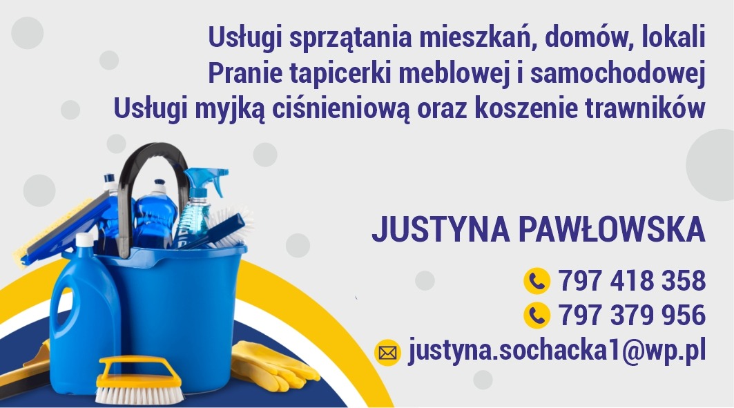 Niebieski kubeł z detergentami i szczotkami na tle z ofertą usług: sprzątanie, pranie tapicerki, mycie ciśnieniowe i koszenie trawników. Dane kontaktowe.