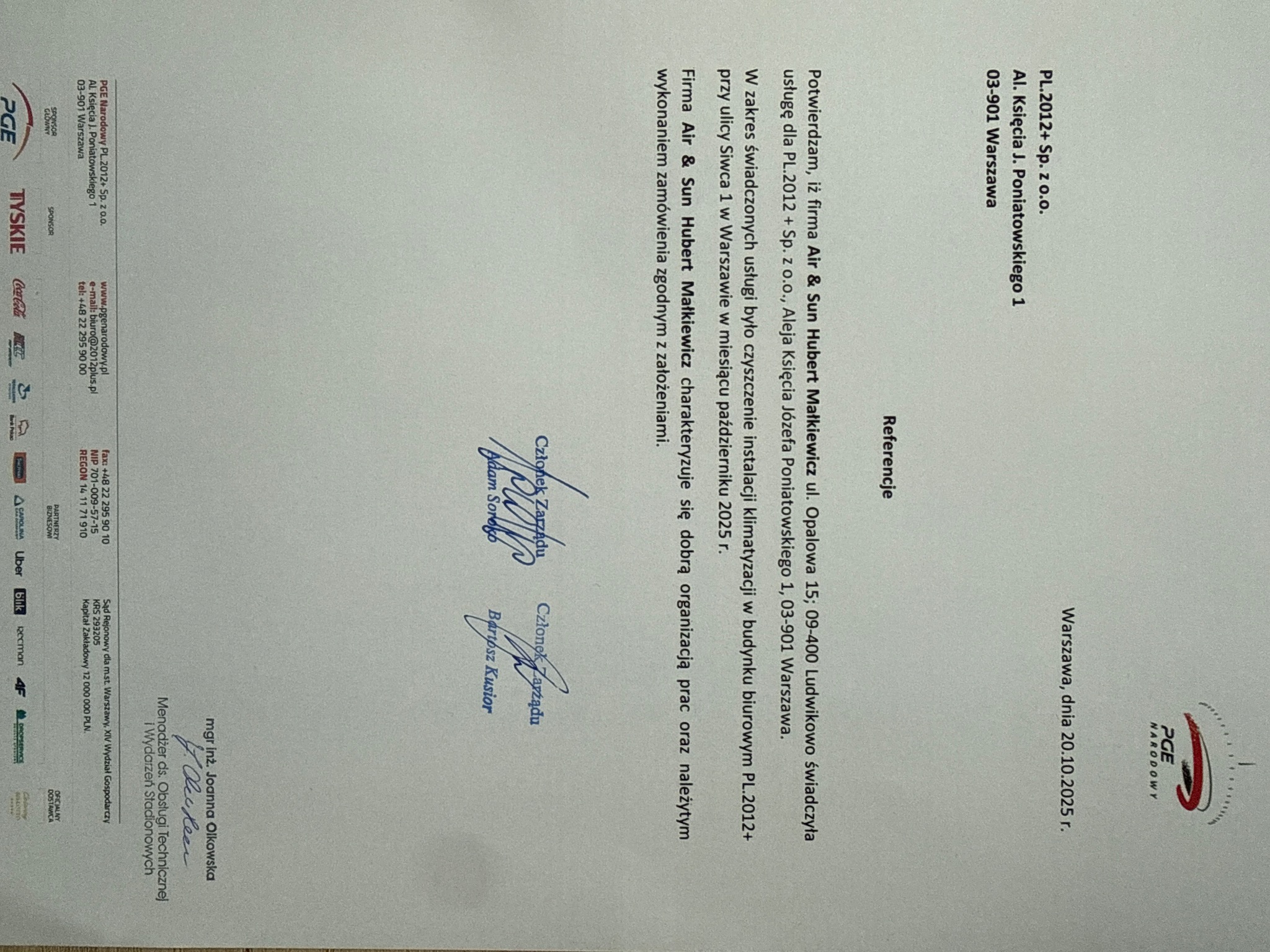 Referencje dla firmy Air & Sun Hubert Małkiewicz za czyszczenie klimatyzacji w biurowcu PL.2012+ w Warszawie, październik 2025. Dokument z podpisami.