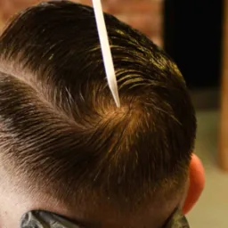 Męska fryzura z wyraźnym przedziałkiem, utrwalona pomadą, z bliska. Włosy zaczesane do tyłu, widoczny grzebień wbijający się w przedziałek. Krótkie boki.