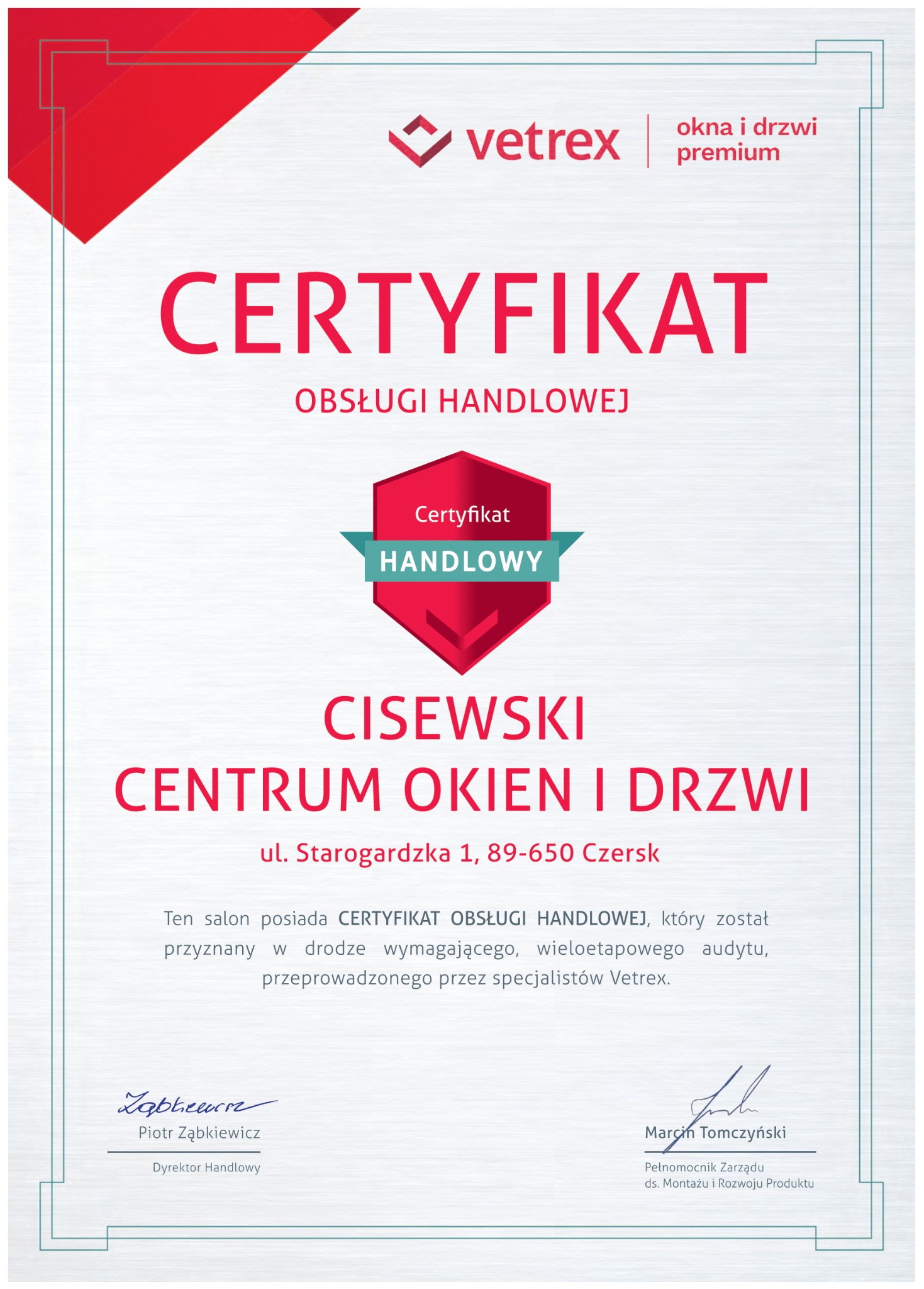 Certyfikat handlowy Vetrex