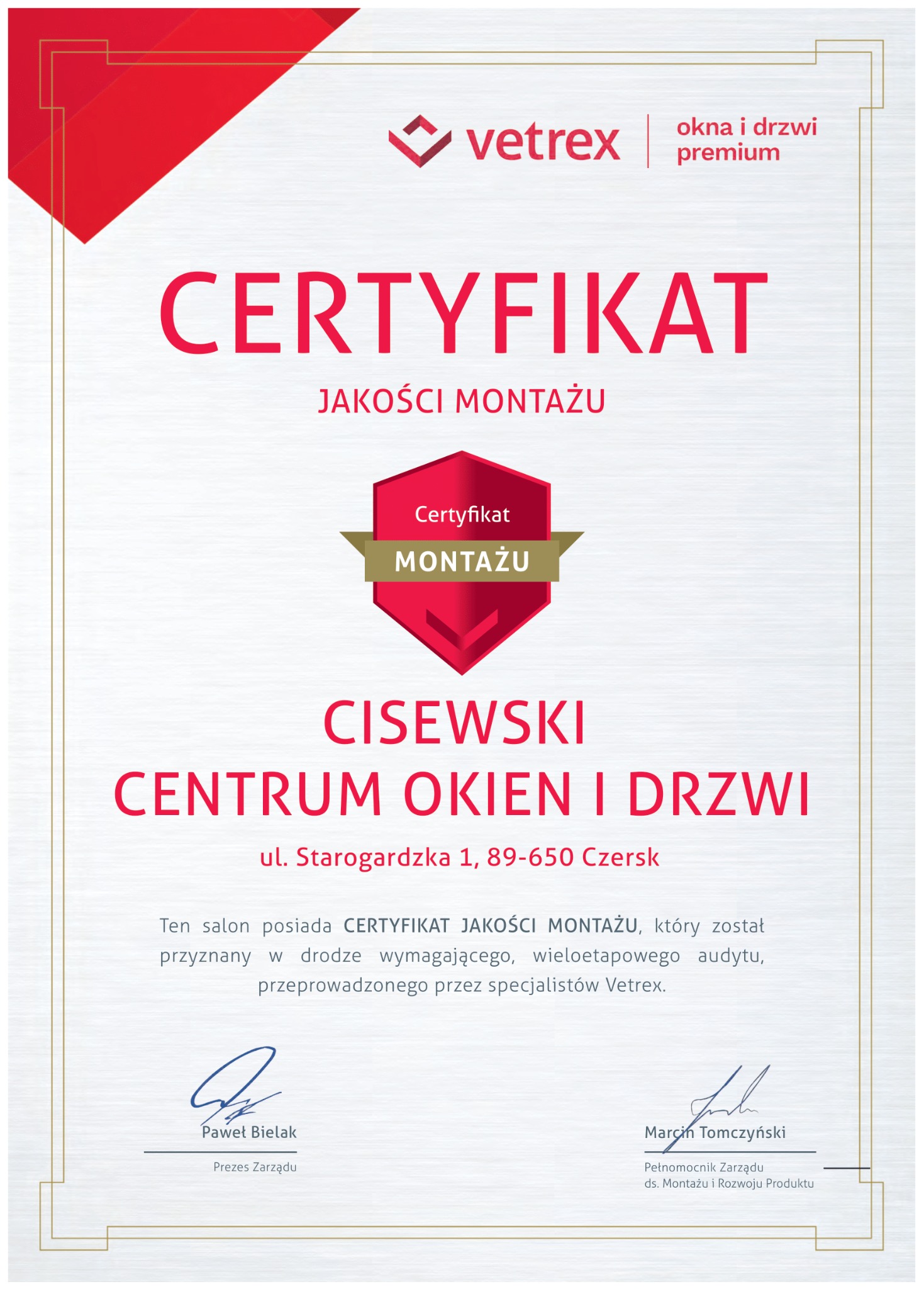 Certyfikat montażu Vetrex