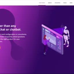 Ilustracja prezentuje interfejs chatu z analizą danych, obsługiwanego przez kobiecą postać i humanoidalnego robota. Fioletowa kolorystyka, nowoczesny design.