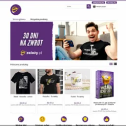 Strona główna sklepu internetowego z banerem informującym o 30 dniach na zwrot i polecanymi produktami: koszulki, kubek, książka. Uśmiechnięty mężczyzna z telefonem.