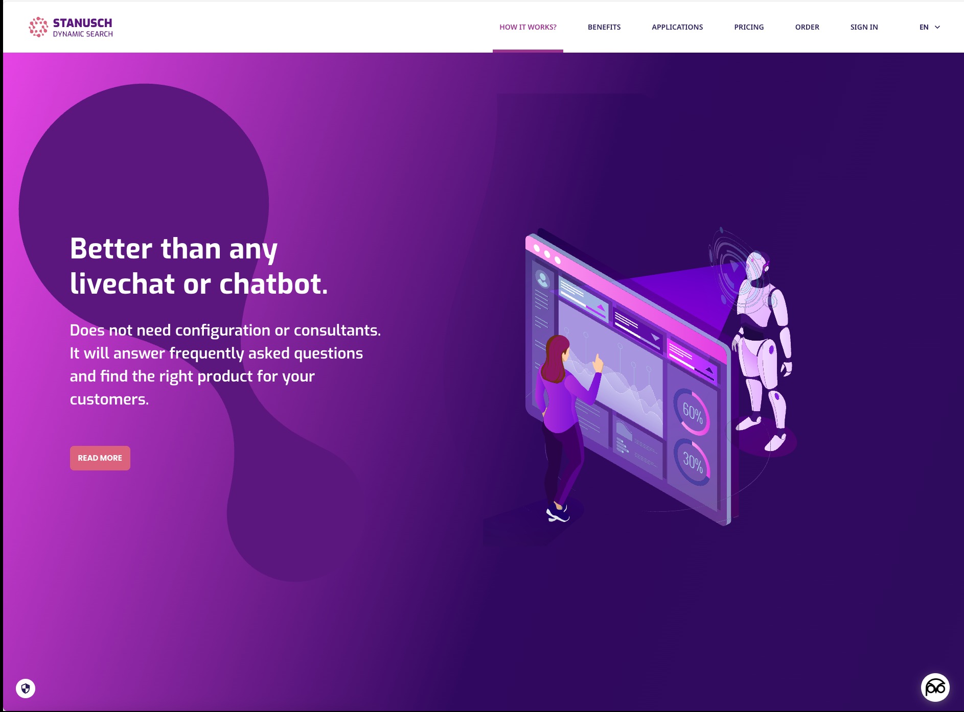 Ilustracja prezentuje interfejs chatu z analizą danych, obsługiwanego przez kobiecą postać i humanoidalnego robota. Fioletowa kolorystyka, nowoczesny design.