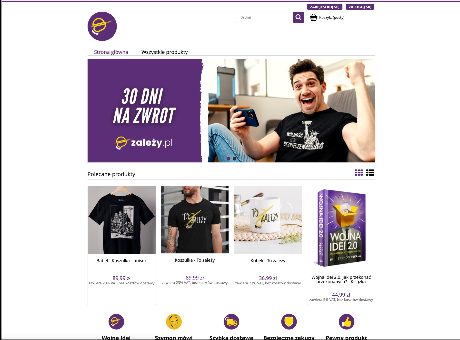 Strona główna sklepu internetowego z banerem informującym o 30 dniach na zwrot i polecanymi produktami: koszulki, kubek, książka. Uśmiechnięty mężczyzna z telefonem.