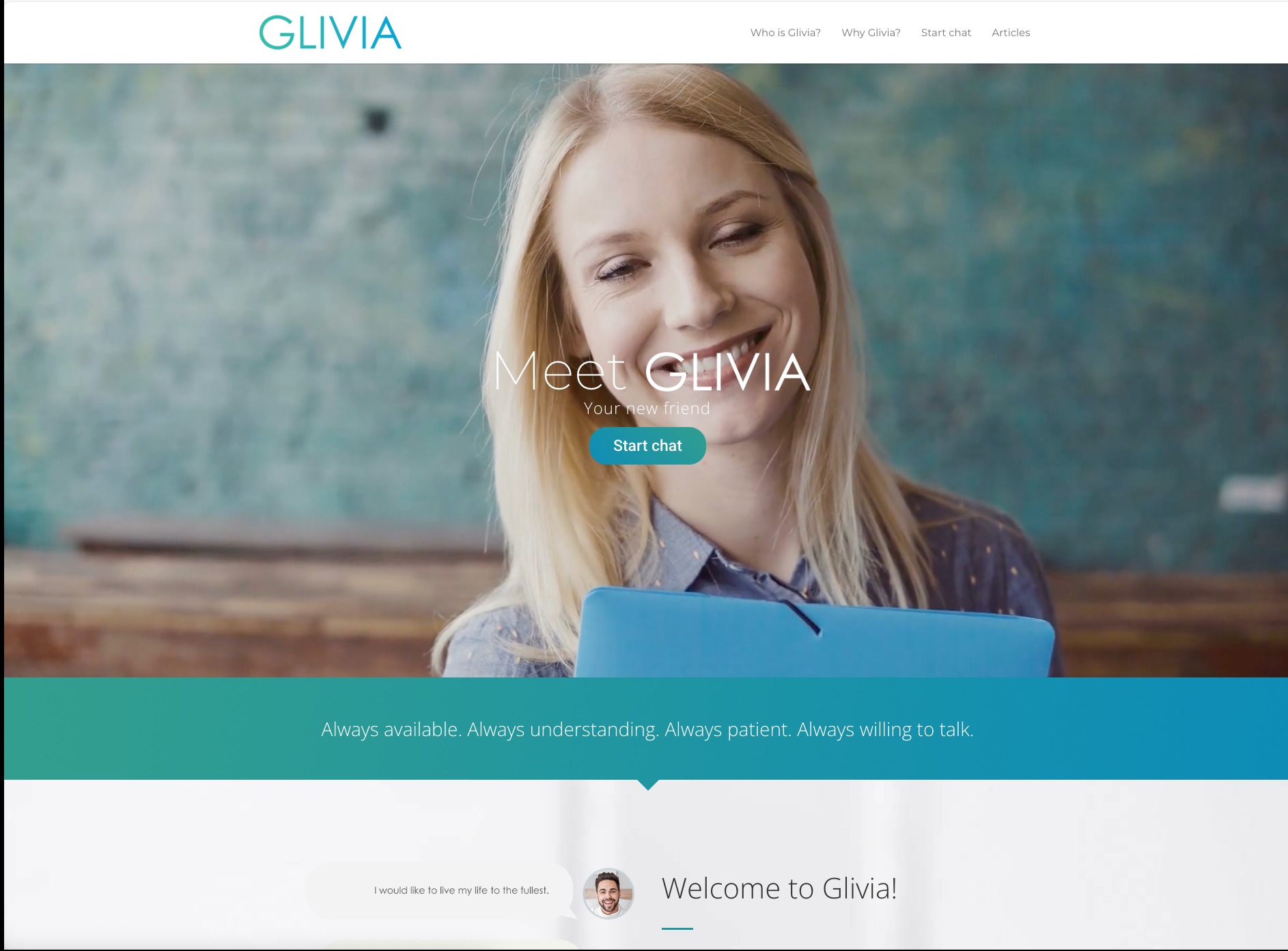 Strona internetowa Glivia.com z uśmiechniętą blondynką, zachęcająca do czatu. Widoczny przycisk 'Start chat' i hasło 'Meet Glivia. Your new friend'.