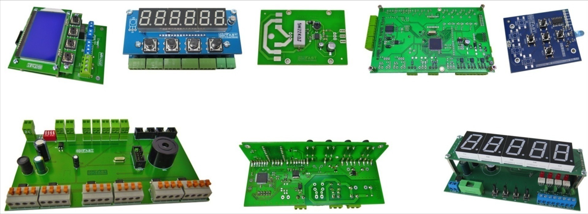 Zestaw różnorodnych, zielonych i niebieskich płytek drukowanych z elementami elektronicznymi, prezentujących zróżnicowane układy i komponenty.