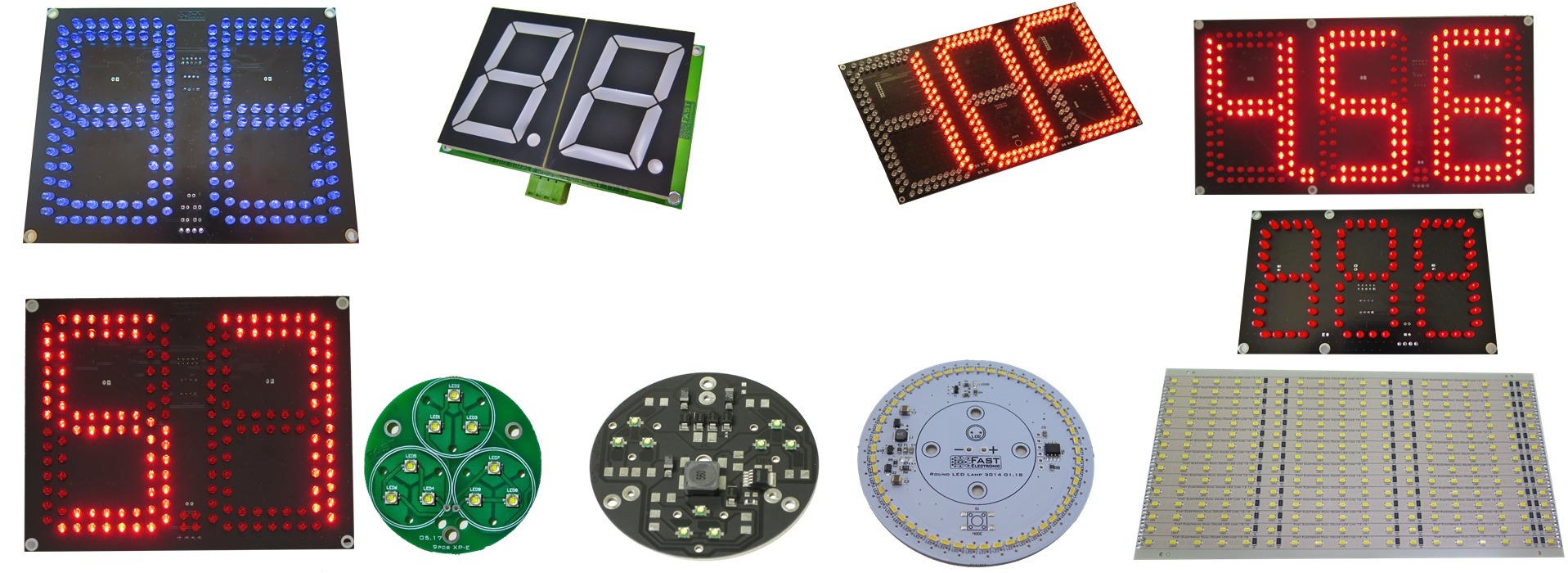 Zestaw różnorodnych wyświetlaczy LED: siedmiosegmentowe, matrycowe, okrągłe i listwowe, w kolorach czerwonym i niebieskim, prezentowane na białym tle.