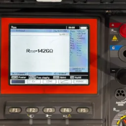 Miernik rezystancji izolacji Sonel z wyświetlonym wynikiem pomiaru RISO=142GΩ. Widoczny panel sterowania z przyciskami funkcyjnymi i pokrętłem wyboru napięcia.