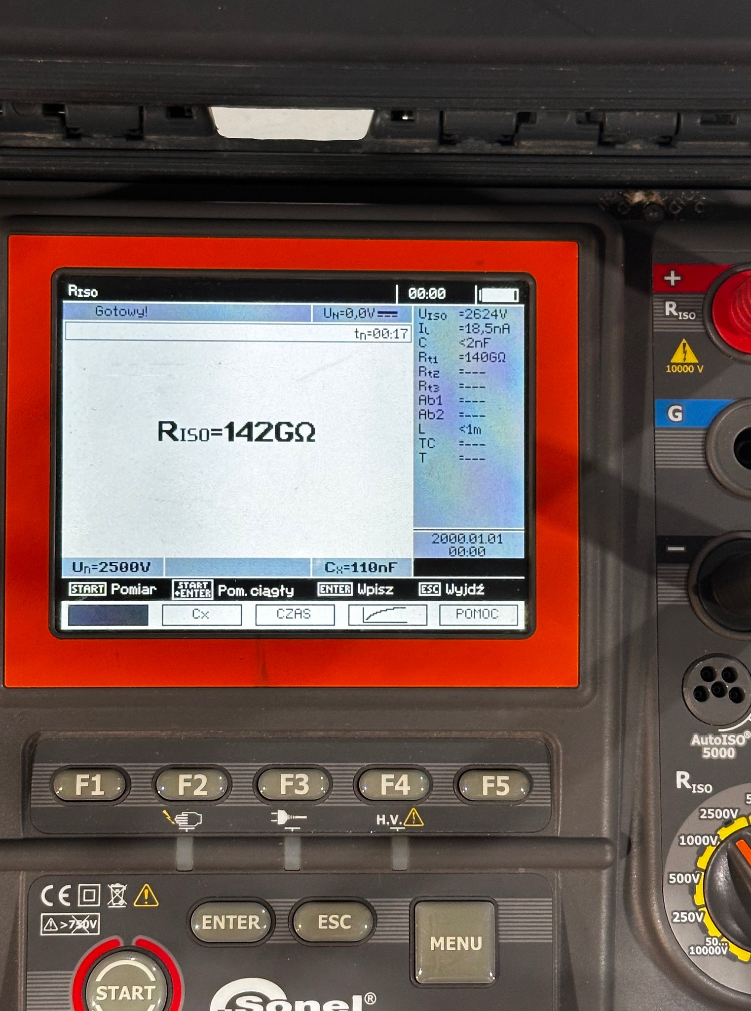 Miernik rezystancji izolacji Sonel z wyświetlonym wynikiem pomiaru RISO=142GΩ. Widoczny panel sterowania z przyciskami funkcyjnymi i pokrętłem wyboru napięcia.