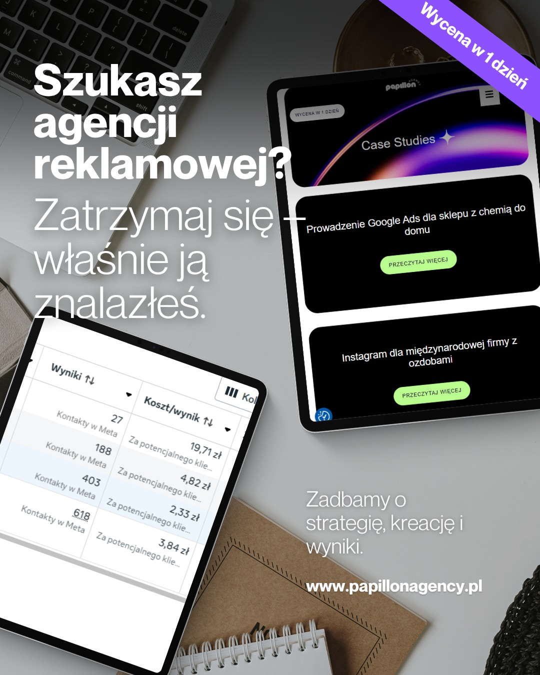Reklama agencji na laptopie i tablecie. Prezentacja wyników kampanii Meta Ads i oferty Google Ads. Widoczny adres strony internetowej.