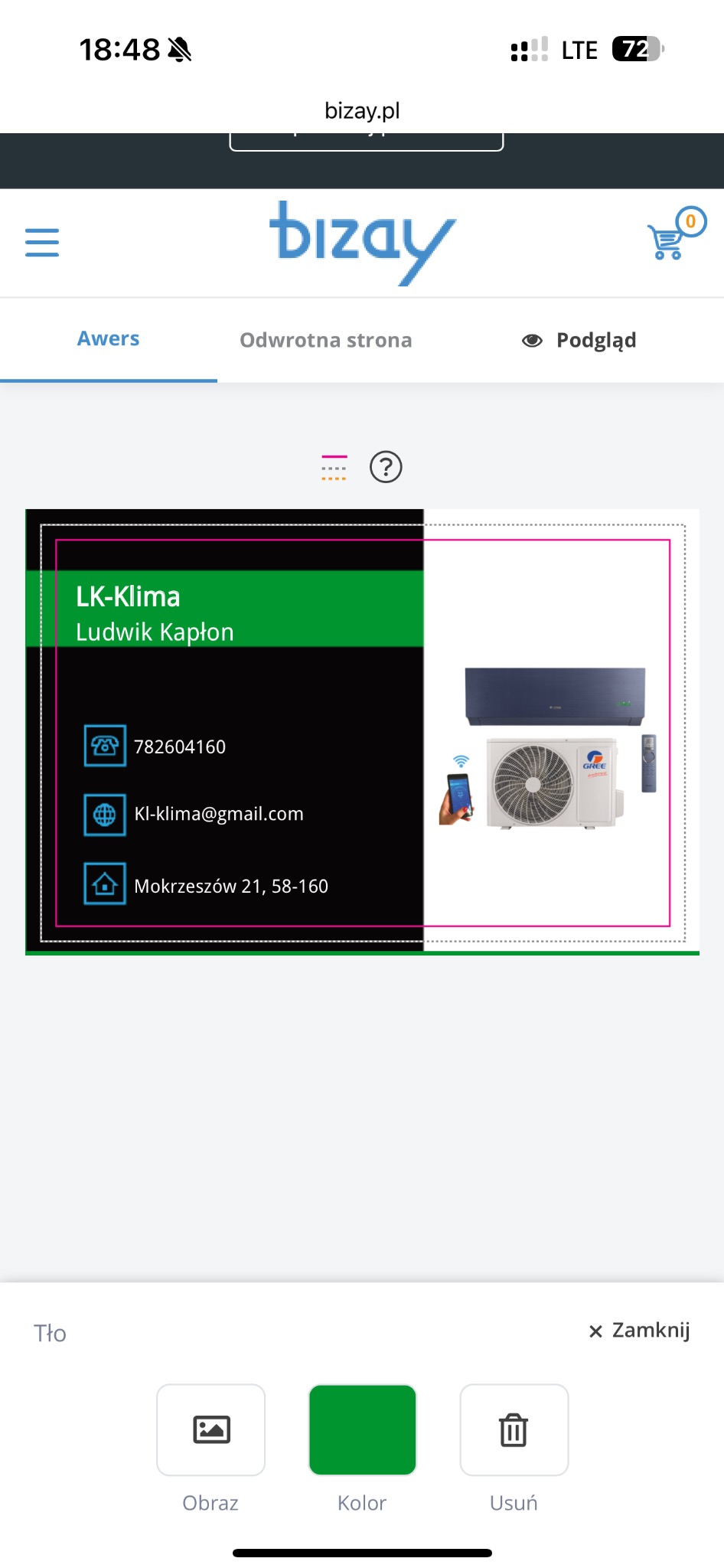 Wizytówka LK-Klima z danymi kontaktowymi i zdjęciem klimatyzatora Gree. Projekt wizytówki z numerem telefonu, adresem e-mail i adresem firmy.