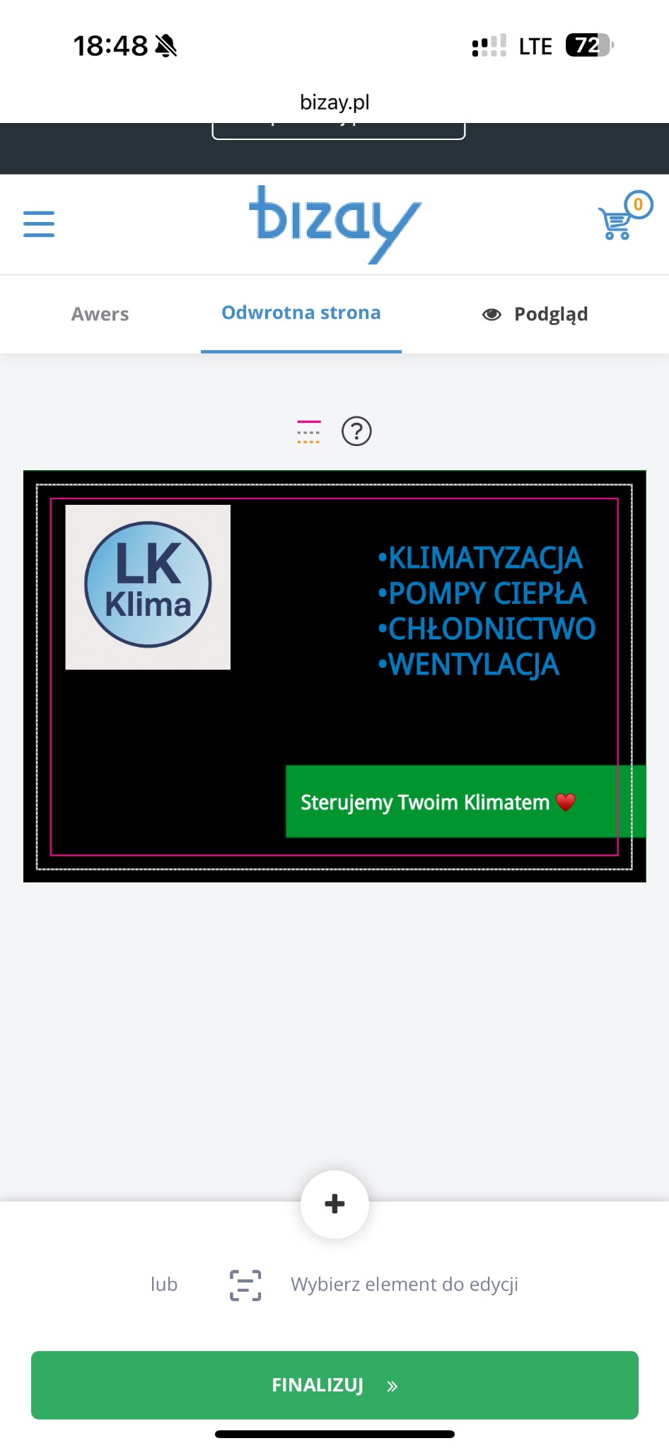 Projekt graficzny z logo 'LK Klima' i listą usług: klimatyzacja, pompy ciepła, chłodnictwo, wentylacja. Hasło: Sterujemy Twoim Klimatem.