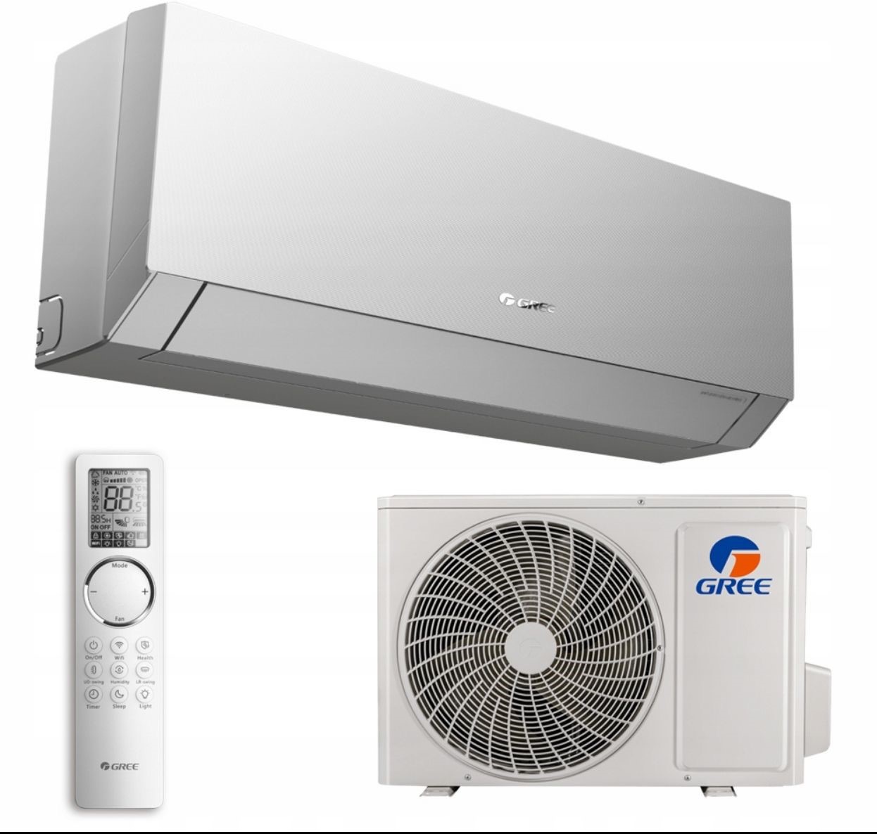 Biała klimatyzacja typu split marki Gree z pilotem i jednostką zewnętrzną, widoczne detale obudowy i logo. Prezentacja urządzenia w neutralnym otoczeniu.
