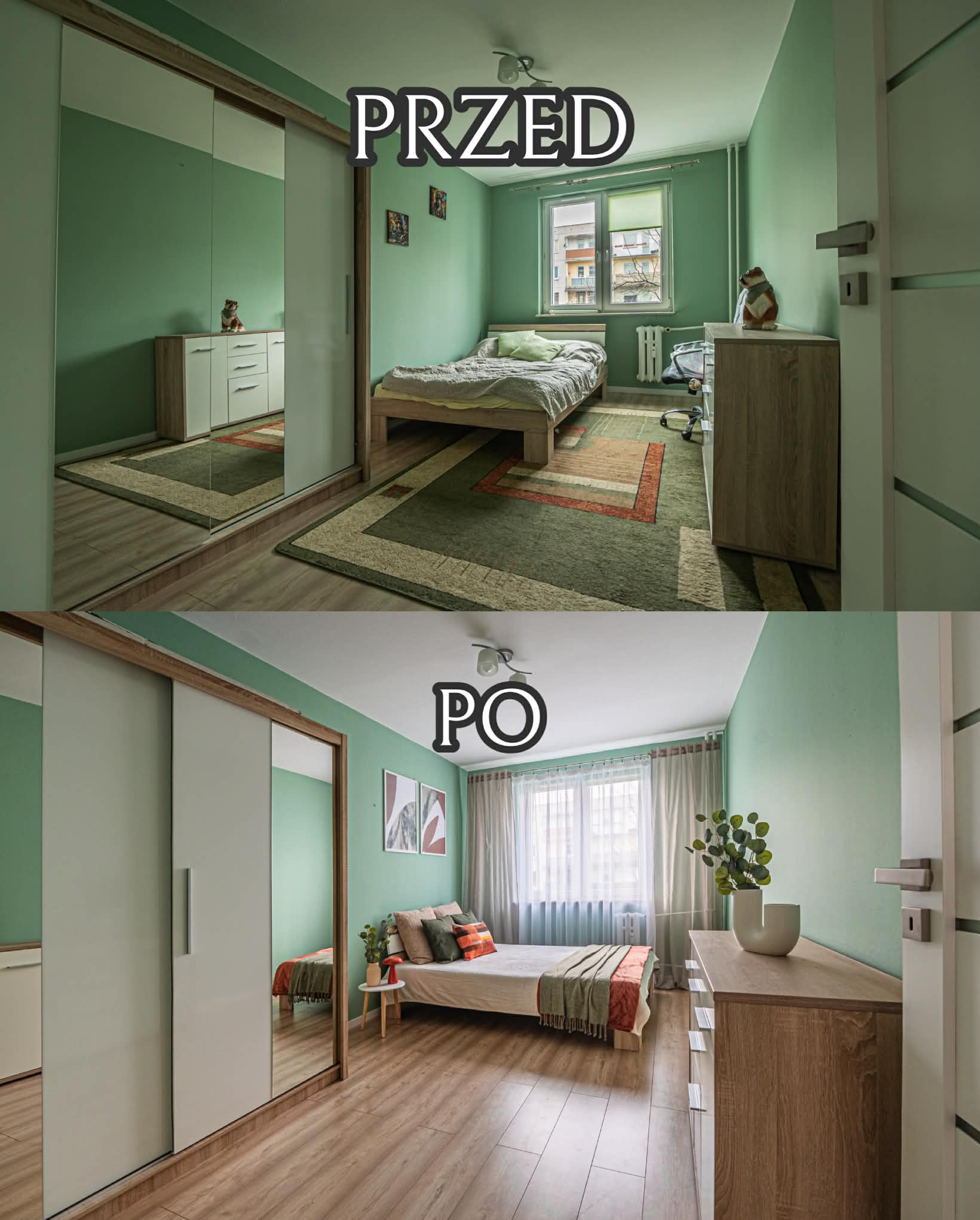 Sypialnia w mieszkaniu na wynajem przed zmianą i po zmianie