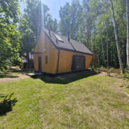 Nowoczesny, drewniany dom z czarnym dachem na skraju lasu. Nietypowy kształt, duże okno i komin. Jasne drewno kontrastuje z ciemnymi elementami wykończenia.